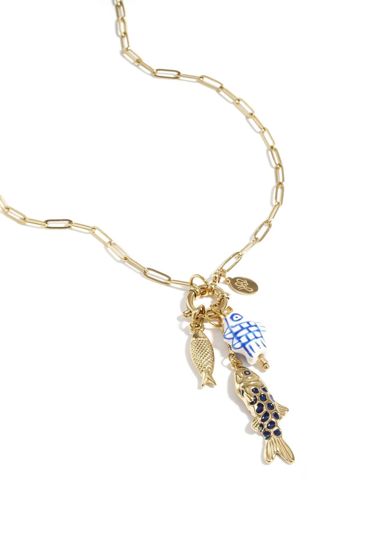 Necklace with front closure and fish charms